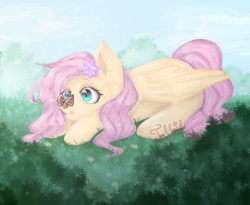Size: 1000x820 | Tagged: safe, artist:toffeechi, fluttershy, butterfly, pegasus, pony, g4, butterfly on nose, cute, female, flower, flower in hair, grass, insect on nose, mare, prone, shyabetes, signature, solo