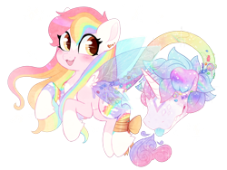 Size: 1280x961 | Tagged: safe, artist:glitterring, oc, oc only, cow plant pony, monster pony, original species, plant pony, pony, :d, augmented tail, bow, butterfly wings, candy, coat markings, eyelashes, fangs, female, food, horn, lollipop, markings, multicolored hair, pale belly, plant, rainbow hair, simple background, smiling, socks (coat markings), tongue out, transparent background, wings