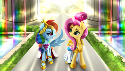 Size: 4800x2700 | Tagged: safe, artist:darksly, fluttershy, rainbow dash, pegasus, pony, g4, alternate hairstyle, clothes, dress, duo, duo female, female, gala dress, mare, one wing out, rainbow waterfall, warrior of inner strength, wings