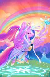 Size: 1920x2954 | Tagged: safe, artist:meekcheep, idw, princess cadance, alicorn, pony, g4, legends of magic #9, my little pony: legends of magic, spoiler:comic, cloak, clothes, cloud, costume, crystal empire, crystal heart, eyes closed, female, flying, hoof hold, majestic, mare, rainbow, sky, solo, spread wings, staff, wings