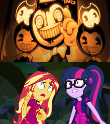 Size: 1920x2160 | Tagged: safe, edit, screencap, sci-twi, sunset shimmer, twilight sparkle, equestria girls, equestria girls series, g4, spring breakdown, 3d, bendy, bendy and the ink machine, creepy, crossover, joey drew studios, nightmare fuel, scared, shrunken pupils, source filmmaker, teeth, themeatly