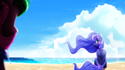 Size: 3840x2160 | Tagged: safe, artist:zvn, princess celestia, princess luna, alicorn, pony, g4, beach, cloud, crying, duo, female, high res, looking back, mare, royal sisters, sad, sitting, sky, solo focus