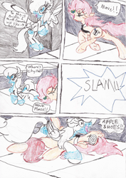 Size: 1544x2184 | Tagged: safe, artist:wyren367, oc, oc:politica segreta, oc:snowbelle, earth pony, pegasus, pony, comic:politica's rebound, chest fluff, collar, colored pencil drawing, comic, eyes closed, female, flying, glasses, necktie, on back, outdoors, prone, road, running, running late, sidewalk, spread wings, traditional art, unshorn fetlocks, wings, yelling
