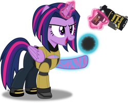 Size: 3079x2482 | Tagged: safe, artist:anime-equestria, twilight sparkle, alicorn, pony, g4, alternate hairstyle, borderlands, borderlands 2, clothes, crossover, female, folded wings, glowing horn, gun, handgun, happy, high res, horn, levitation, magic, mare, pistol, simple background, solo, tattoo, telekinesis, transparent background, twilight sparkle (alicorn), vector, weapon, wings