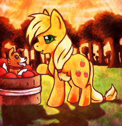 Size: 1752x1816 | Tagged: safe, artist:arkay9, applejack, winona, dog, earth pony, pony, g4, apple, cute, duo, female, food, hatless, jackabetes, mare, missing accessory, profile, smiling, tongue out