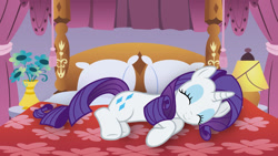 Size: 1191x670 | Tagged: artist needed, source needed, safe, rarity, pony, unicorn, g4, bed, cute, female, mare, sleeping, solo