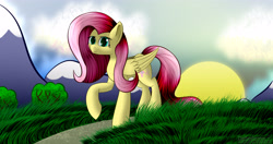 Size: 4096x2160 | Tagged: safe, artist:darbedarmoc, fluttershy, pegasus, pony, g4, female, field, grass, mountain, path, sky, solo, sunrise, tree, walking