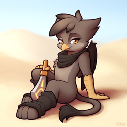 Size: 4000x4000 | Tagged: safe, artist:ohemo, oc, oc only, griffon, absurd resolution, desert, female, griffon oc, looking at you, pale belly, sitting, solo, sword, weapon