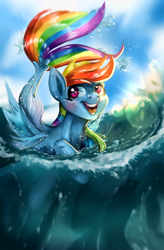 Size: 1210x1849 | Tagged: safe, artist:rottengotika, rainbow dash, pegasus, pony, seapony (g4), g4, bubble, clothes, crepuscular rays, dorsal fin, female, fin, fin wings, fins, fish tail, flowing mane, flowing tail, mare, ocean, open mouth, open smile, scales, seaponified, seapony rainbow dash, see-through, smiling, solo, species swap, spread wings, sunlight, swimming, tail, water, wings