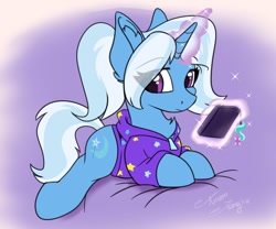 Size: 1032x860 | Tagged: safe, artist:aurorafang, trixie, pony, unicorn, alternate hairstyle, babysitter trixie, cellphone, chest fluff, clothes, ear fluff, eye clipping through hair, female, gameloft, gameloft interpretation, glowing horn, horn, implied starlight glimmer, jacket, lying down, magic, magic aura, mare, phone, phone charm, pigtails, ponytail, smartphone, solo, sparkles, telekinesis, twintails