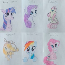 Size: 1080x1080 | Tagged: safe, artist:_liz_art_, applejack, fluttershy, pinkie pie, rainbow dash, rarity, twilight sparkle, alicorn, earth pony, pegasus, pony, unicorn, g4, bust, chest fluff, ear fluff, female, freckles, hat, lasso, looking up, mane six, mare, mouth hold, raised hoof, rope, sitting, six fanarts, smiling, text, traditional art, twilight sparkle (alicorn)