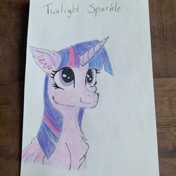 Size: 1080x1081 | Tagged: safe, alternate version, artist:_liz_art_, twilight sparkle, alicorn, pony, g4, bust, chest fluff, ear fluff, female, mare, smiling, solo, text, traditional art, twilight sparkle (alicorn)