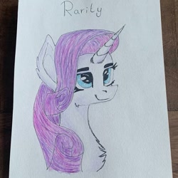 Size: 921x921 | Tagged: safe, alternate version, artist:_liz_art_, rarity, pony, unicorn, g4, bust, chest fluff, ear fluff, female, irl, mare, photo, smiling, text, traditional art