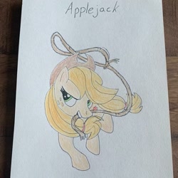 Size: 941x941 | Tagged: safe, alternate version, artist:_liz_art_, applejack, earth pony, pony, g4, female, freckles, hat, irl, lasso, mare, photo, rope, smiling, solo, text, traditional art