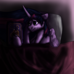 Size: 2000x2000 | Tagged: safe, artist:mikeyboo, twilight sparkle, alicorn, pony, g4, bed, book, caption, crying, female, future, high res, immortality blues, mare, sad, scrapbook, solo, text, twilight sparkle (alicorn)