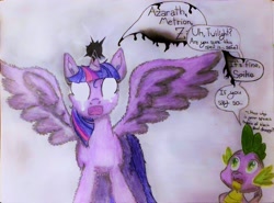 Size: 2623x1943 | Tagged: safe, artist:daybreak ponii, artist:daymusik, spike, twilight sparkle, alicorn, dragon, pony, g4, crossover, dark magic, dialogue, magic, raven (dc comics), simple background, tara strong, teen titans, text, traditional art, twilight sparkle (alicorn), voice actor joke, white background, wings