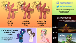 Size: 3840x2160 | Tagged: safe, artist:autumn feather, oc, oc only, oc:autumn feather, oc:falling leaf, oc:feather fly, oc:stardust, oc:stardust(cosmiceclipse), bat pony, earth pony, pegasus, pony, unicorn, advertisement, clothes, commission info, glasses, hat, high res, scarf, shirt, t-shirt, text, toaster, ushanka
