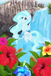 Size: 1280x1893 | Tagged: safe, artist:erim-kawamori, oc, oc only, oc:blue flower, pegasus, pony, female, mare, solo, two toned wings, waterfall, wings