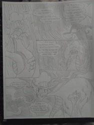 Size: 1944x2592 | Tagged: safe, artist:princebluemoon3, cosmos, draconequus, comic:the chaos within us, g4, abomination, amorphous, black and white, canterlot, chaos, clothes, comic, commissioner:bigonionbean, dialogue, drawing, dream, evil smile, female, floating, grayscale, grin, magic, monochrome, night, nightmare, out of control magic, plotting, rant, screaming, smiling, smirk, traditional art, writer:bigonionbean