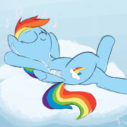 Size: 1000x1000 | Tagged: safe, artist:aa, rainbow dash, pegasus, pony, g4, cloud, crossed legs, cute, dashabetes, earbuds, eyes closed, female, headphones, ipod, mp3 player, music, music player, on a cloud, requested art, solo