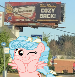 Size: 1042x1060 | Tagged: safe, cozy glow, pegasus, pony, g4, allstate insurance, applebee's, billboard, bus stop, cozybetes, cute, female, filly, freckles, irl, mare, needs more jpeg, photo, power line, solo, this will end in war, this will not end well, tree, wrong aspect ratio, you fool