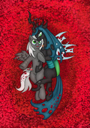 Size: 849x1200 | Tagged: safe, queen chrysalis, oc, changeling, changeling queen, pegasus, pony, g4, american beauty, daydream, female, flower, imagination, lester burnham, lying on roses, movie, movie reference, ocean of flowers, rose, wings