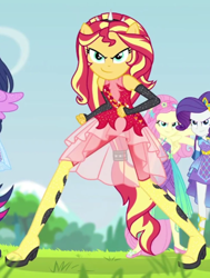 Size: 736x973 | Tagged: safe, screencap, fluttershy, rarity, sci-twi, sunset shimmer, twilight sparkle, cheer you on, equestria girls, g4, my little pony equestria girls: better together, >:), back in action, background human, boots, clothes, cropped, determined smile, dress, evening gloves, female, fingerless elbow gloves, fingerless gloves, fist, gloves, knee-high boots, leggings, long gloves, offscreen character, offscreen human, shoes, sleeveless, smiling, spiked headband, super ponied up, wings