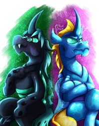 Size: 1376x1750 | Tagged: safe, artist:jamescorck, oc, oc only, changedling, changeling, duo, green changeling