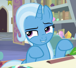 Size: 979x878 | Tagged: safe, screencap, trixie, pony, unicorn, a horse shoe-in, g4, cropped, female, grin, implying, looking sideways, mare, purple eyes, raised eyebrow, raised hooves, smiling, solo, starlight's office