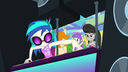 Size: 1280x720 | Tagged: safe, screencap, dj pon-3, octavia melody, starlight, valhallen, vinyl scratch, equestria girls, g4, i'm on a yacht, my little pony equestria girls: better together, clothes, female, luxe deluxe, striped swimsuit, swimsuit, vinyl's glasses