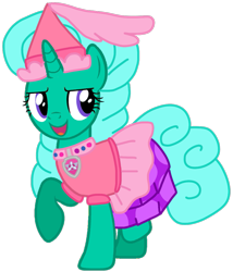 Size: 923x1077 | Tagged: safe, artist:徐詩珮, glitter drops, pony, unicorn, series:sprglitemplight diary, series:sprglitemplight life jacket days, series:springshadowdrops diary, series:springshadowdrops life jacket days, g4, alternate universe, base used, clothes, costume, cute, dress, eyelashes, female, halloween, halloween costume, hat, mare, open mouth, paw patrol, raised hoof, simple background, skye (paw patrol), smiling, solo, transparent background