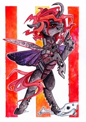 Size: 1024x1450 | Tagged: safe, artist:lailyren, oc, oc only, oc:tsartsaa, bug pony, changeling, changeling queen, insect, changeling oc, changeling queen oc, commission, fanfic art, female, locust, mare, red changeling, solo, traditional art, watercolor painting, writer:malvagio
