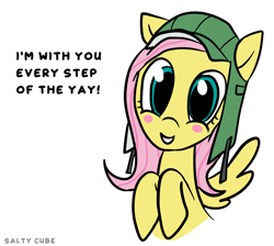 Size: 1304x1170 | Tagged: safe, artist:saltycube, fluttershy, pegasus, pony, g4, blushing, crossover, cute, eye contact, female, half-life, half-life: alyx, hat, looking at each other, positive ponies, simple background, solo, white background, yay