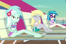 Size: 1152x779 | Tagged: safe, edit, edited screencap, editor:tacotuesday21321, editor:thomasfan45, screencap, derpy hooves, dj pon-3, lyra heartstrings, vinyl scratch, human, equestria girls, g4, spring breakdown, background human, barefoot, belly button, bikini, chair, clothes, cruise ship, feet, female, headphones, legs, looking at you, midriff, one-piece swimsuit, shorts, sitting, skirt, sleeveless, smiling, sunglasses, swimsuit, tricolor swimsuit, trio, trio female