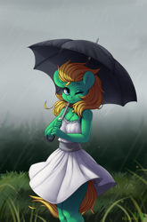 Size: 2645x4000 | Tagged: safe, artist:redwix, artist:sugarstar, oc, oc only, oc:professor sugarcube, earth pony, anthro, rcf community, breasts, cleavage, clothes, collaboration, collar, dress, female, fog, forest, grass, looking at you, mare, one eye closed, rain, smiling, solo, standing, sundress, umbrella