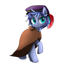Size: 1280x1197 | Tagged: safe, artist:ce2438, oc, oc only, oc:moonlight toccata, pony, unicorn, blue coat, cap, classy, cloak, clothes, confident, cute, cyan eyes, feathered hat, hat, moon, night, purple mane, renaissance, simple background, smiling, solo, transparent background