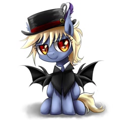 Size: 1280x1226 | Tagged: safe, artist:ce2438, oc, oc only, oc:vesper flare, bat pony, pony, blonde mane, blue coat, cape, clothes, female, filly, hat, red eyes, simple background, smiling, smirk, solo, top hat, white background