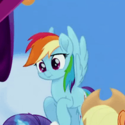 Size: 422x422 | Tagged: safe, screencap, applejack, rainbow dash, rarity, earth pony, pegasus, pony, unicorn, g4, my little pony: the movie, animated, burp, cropped, derp, female, gif, mare, rainbow dash is best facemaker, rainbow derp, smiling, solo focus