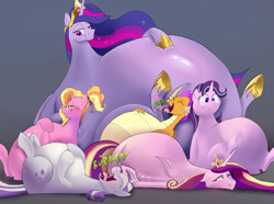 Size: 2541x1893 | Tagged: safe, artist:princebluemoon3, color edit, colorist:xbi, edit, editor:xbi, luster dawn, princess cadance, smolder, starlight glimmer, twilight sparkle, twilight velvet, alicorn, dragon, pony, unicorn, g4, the last problem, abstract background, belly, belly button, big belly, burp, chubby, colored, digital art, digitally colored, fat, fire, fire breath, gold, hoof on belly, huge belly, impossibly large belly, larder dawn, mixed media, morbidly obese, obese, older, older twilight, older twilight sparkle (alicorn), on back, princess decadence, princess twilight 2.0, prone, sblobder, sitting, starlard glimmer, stuffed, traditional art, twilard sparkle, twilard velvet, twilight sparkle (alicorn)