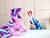 Size: 1024x768 | Tagged: safe, artist:nekokevin, starlight glimmer, trixie, pony, unicorn, series:nekokevin's glimmy, g4, duo, exclamation point, female, happy, interrobang, irl, looking at something, mare, open mouth, photo, plushie, question mark, raised hoof, sitting, smiling, underhoof