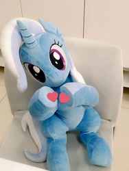 Size: 768x1024 | Tagged: safe, artist:nekokevin, trixie, pony, unicorn, g4, chair, female, heart, hooves together, irl, looking at you, mare, photo, plushie, sitting, smiling, solo, underhoof