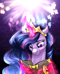 Size: 964x1200 | Tagged: safe, artist:not-ordinary-pony, twilight sparkle, alicorn, pony, g4, the last problem, book, crown, female, glowing horn, horn, immortality blues, jewelry, magic, mare, older, older twilight, older twilight sparkle (alicorn), princess twilight 2.0, reading, regalia, reminiscing, smiling, solo, telekinesis, twilight sparkle (alicorn)
