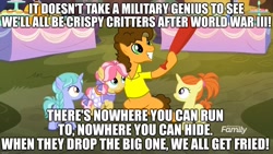 Size: 1920x1080 | Tagged: safe, edit, edited screencap, screencap, cheese sandwich, earth pony, pony, unicorn, g4, caption, clothes, female, filly, happy birthday, image macro, male, skirt, song reference, stallion, text, weird al yankovic, world war iii