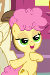 Size: 491x729 | Tagged: safe, screencap, li'l cheese, pound cake, earth pony, pegasus, pony, g4, the last problem, bipedal, cropped, female, filly, green eyes, lidded eyes, male, offscreen character, open mouth, smiling, solo focus