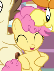 Size: 485x631 | Tagged: safe, screencap, li'l cheese, pound cake, pumpkin cake, earth pony, pegasus, pony, g4, the last problem, bipedal, cropped, cute, eyes closed, female, filly, head pat, male, mare, older, older pound cake, older pumpkin cake, open mouth, pat, petting, smiling, solo focus