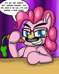 Size: 2400x3000 | Tagged: safe, artist:saburodaimando, pinkie pie, earth pony, pony, g4, carrot, female, food, groucho marx, groucho mask, high res, mare, pun, solo, speech bubble, text