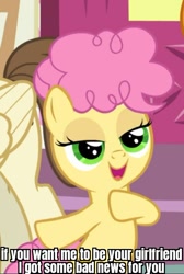 Size: 491x729 | Tagged: safe, edit, edited screencap, screencap, li'l cheese, pound cake, earth pony, pegasus, pony, g4, the last problem, bipedal, caption, cropped, female, green eyes, image macro, lidded eyes, male, offscreen character, open mouth, smiling, solo focus, text