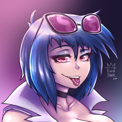 Size: 900x900 | Tagged: safe, artist:kingjnar, dj pon-3, vinyl scratch, human, g4, breasts, bust, busty vinyl scratch, choker, female, glasses, glasses off, humanized, looking at you, portrait, solo, tongue out