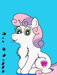 Size: 1628x2162 | Tagged: safe, artist:puffydearlysmith, sweetie belle, pony, unicorn, g4, chest fluff, chubbie belle, chubby, cute, diasweetes, double chin, female, filly, looking at you, plump, simple background, solo, tongue out