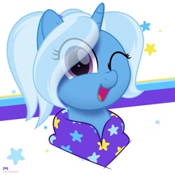 Size: 1280x1280 | Tagged: safe, artist:potato22, trixie, pony, g4, abstract background, alternate hairstyle, babysitter trixie, bust, clothes, cute, diatrixes, eye clipping through hair, female, gameloft interpretation, hoodie, looking at you, mare, movie accurate, one eye closed, open mouth, ponytail, portrait, solo, stars, wink
